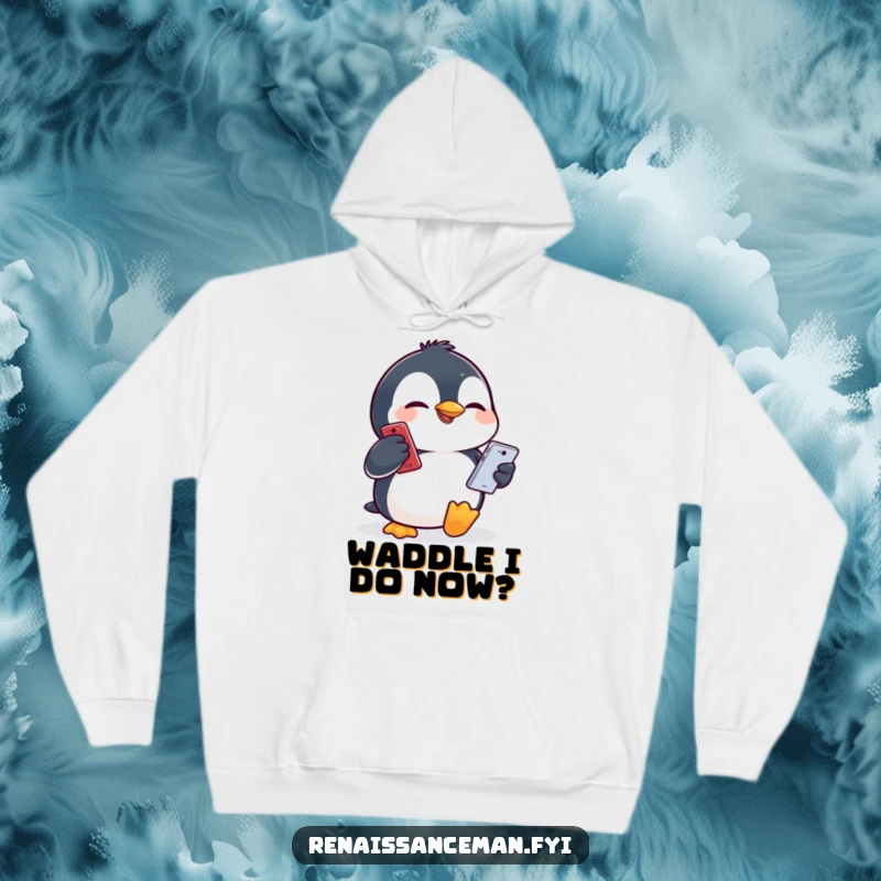 Funny giggling penguin making a hilarious face while holding a smartphone, featured on a soft and warm hoodie.