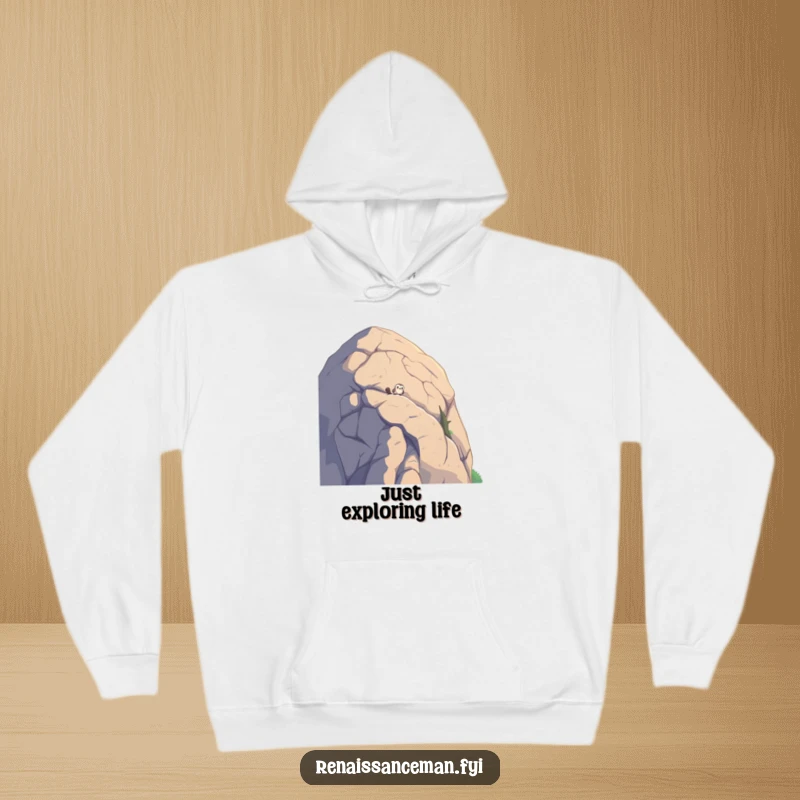 Funny hoodie with a curious bird peeking from atop a colossal boulder, offering cozy comfort and a humorous nature theme.
