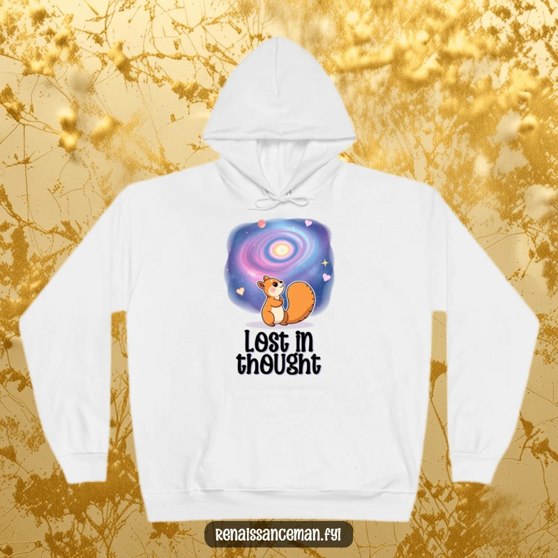 Funny hoodie with a cheerful squirrel character gazing dreamily at a swirling galaxy. Cozy and inspiring cosmic vibes.