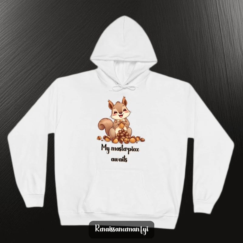 Funny squirrel hoodie, artistically sculpting acorns into a miniature masterpiece, looking joyful and focused, cozy nature vibes, perfect for chilly days.