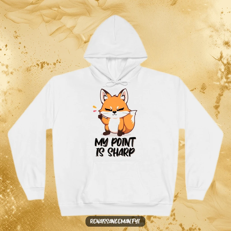 Funny hoodie with a smug fox making a dramatic point with a condescending head tilt, great for cozy intellectual vibes.