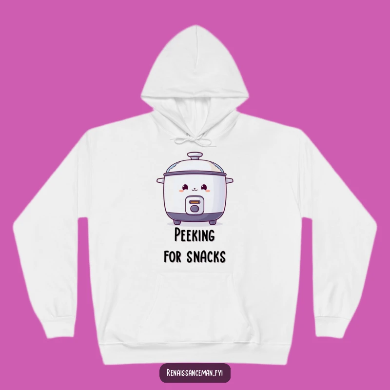 Stay warm and mysterious with this funny hoodie. The curious rice cooker peeking out adds a playful touch.