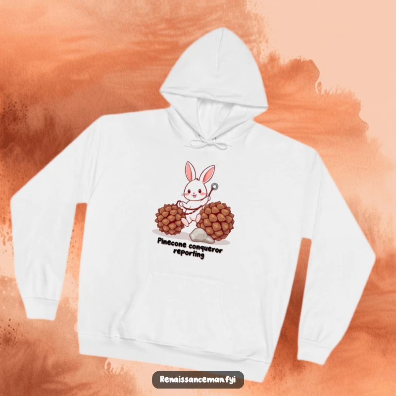 Funny hoodie showing a cheerful bunny with a grappling hook scaling a pinecone, perfect for cozy, humorous moments.