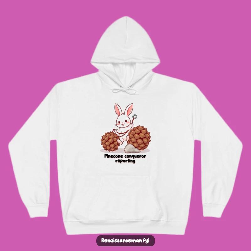 Stay warm and amused with this hoodie featuring a determined bunny tackling a pinecone. Perfect for those who appreciate the little victories.