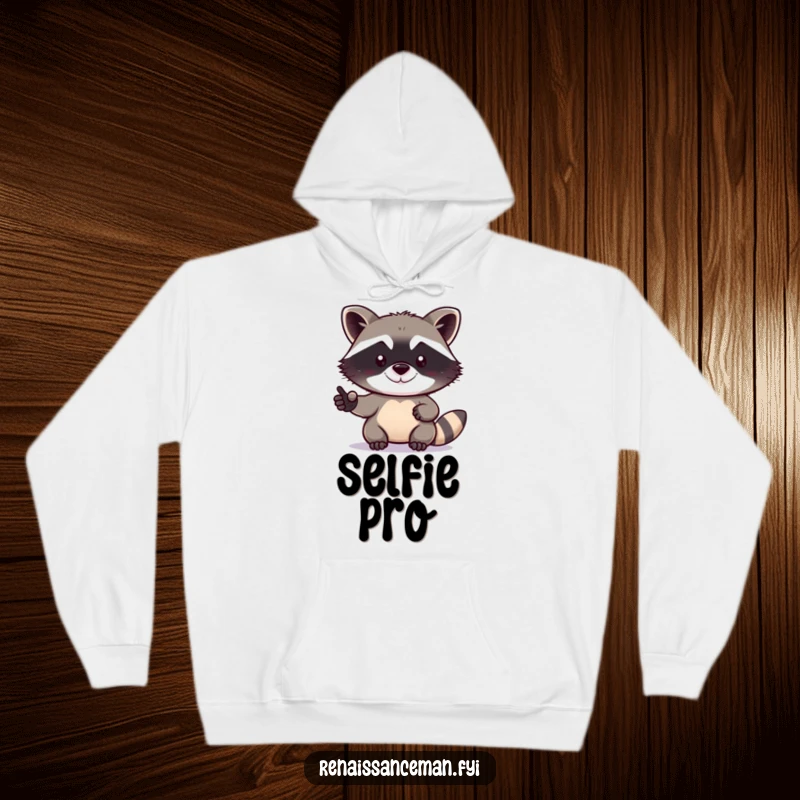 Funny raccoon hoodie depicting a determined raccoon attempting a selfie with a subtle, happy grin, ideal for cozy photo sessions.