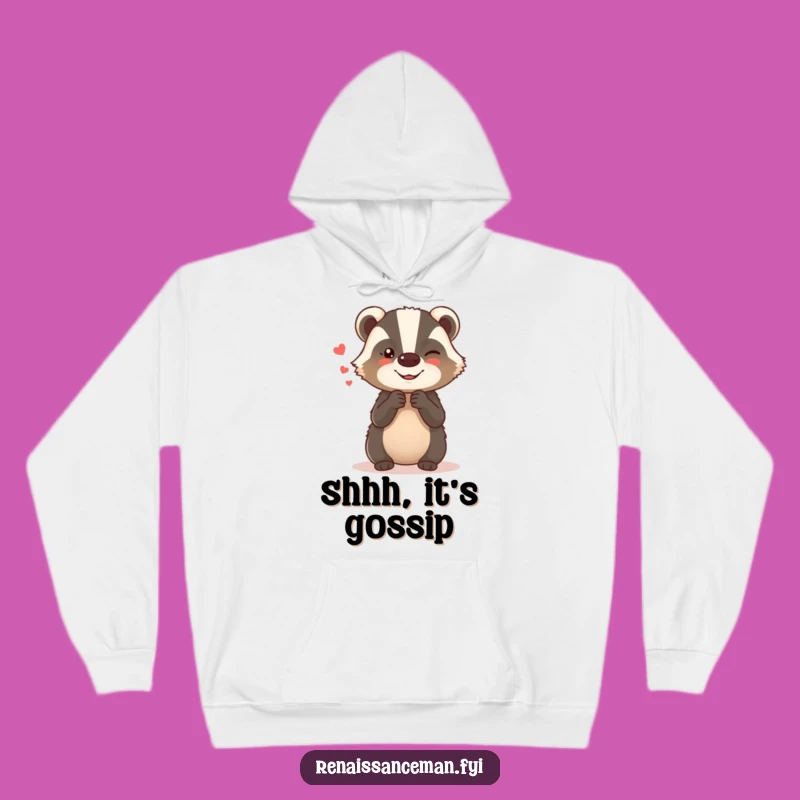 Stay warm and witty with this funny hoodie showcasing a giggling badger sharing secrets. It’s the ultimate cozy and comical apparel.