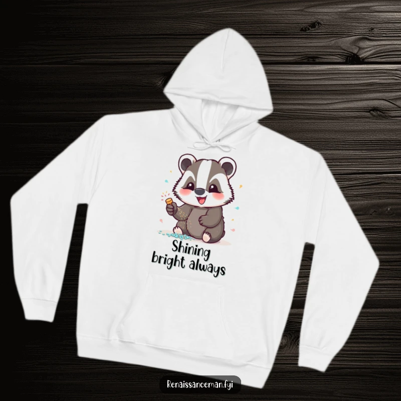 Funny badger glitter hoodie, a cozy garment adorned with a delighted badger applying glitter, perfect for crafters seeking warmth and a humorous touch.