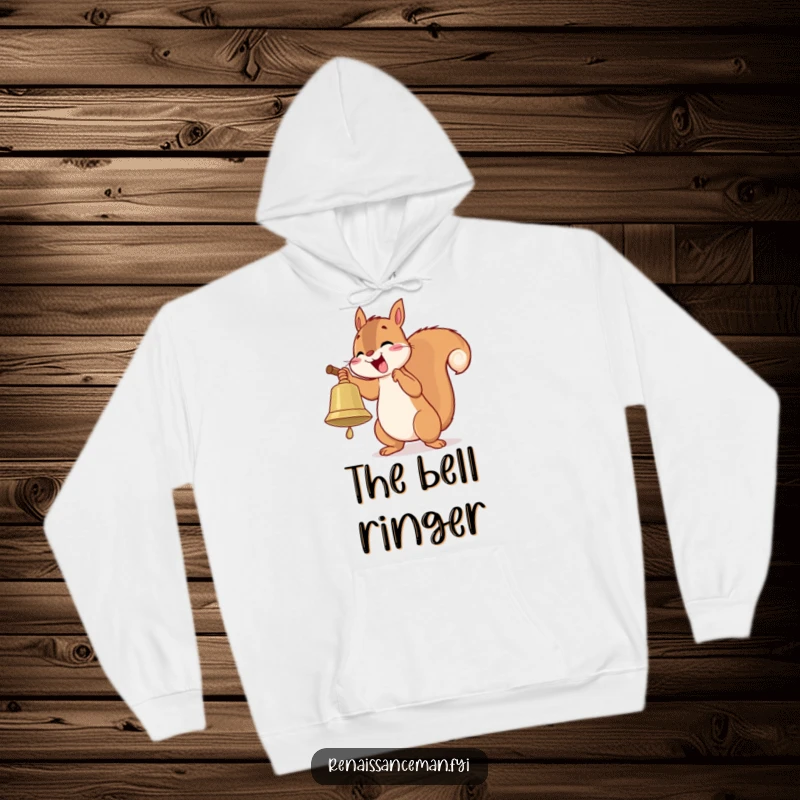 Funny hoodie featuring a playful squirrel with delight, enthusiastically ringing a large bell.