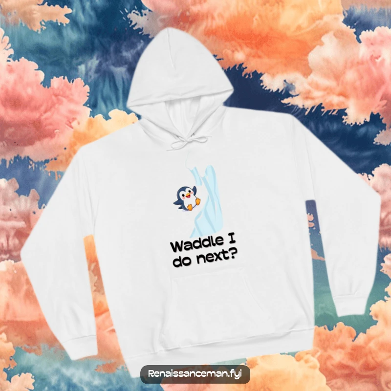 Funny Adventurous Penguin Sliding Joyfully Down a Steep Icy Wall, Cozy Hoodie for Winter Lovers.