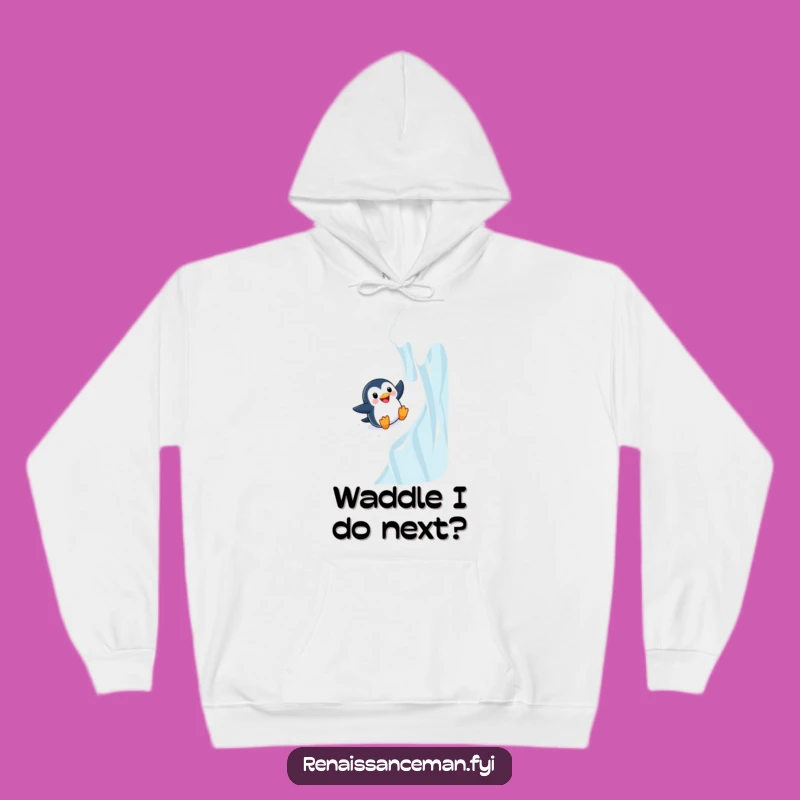 Stay warm and full of fun with this funny hoodie depicting a joyful penguin on an icy slide. Perfect for winter adventures.