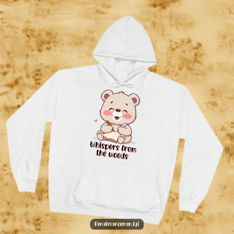 Funny hoodie with a delighted bear character writing a heartfelt poem with a quill. Cozy and inspiring for writers.