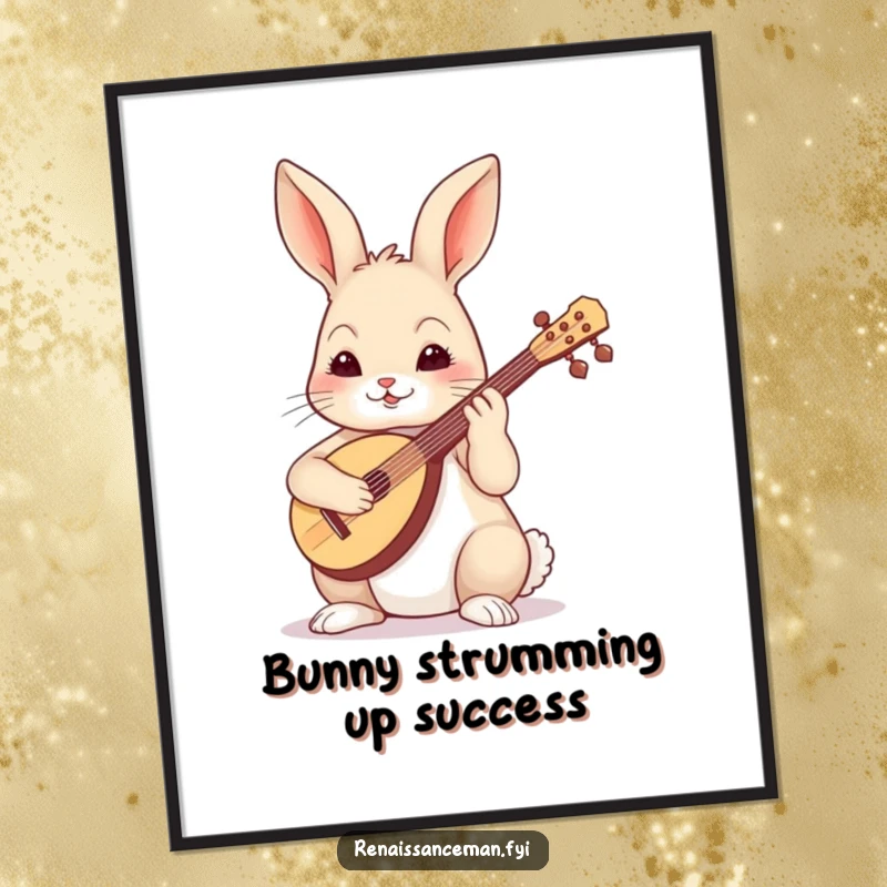 Funny Free Printable Wall Art: A skilled rabbit with a focused expression expertly plays a beautiful lute.
