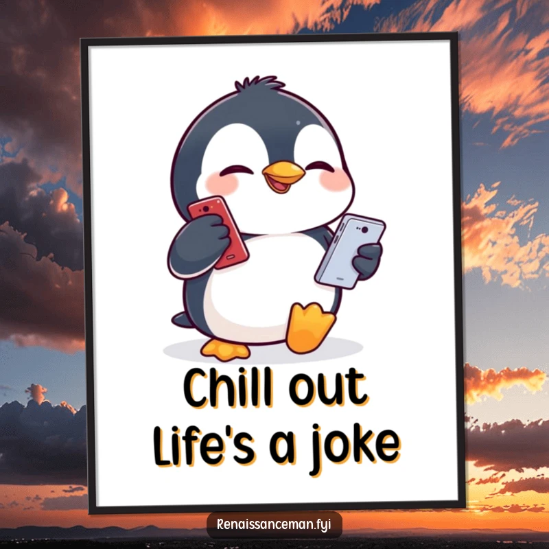 Funny free printable wall art, giggling penguin making a funny face while holding a smartphone, humorous animal tech art.