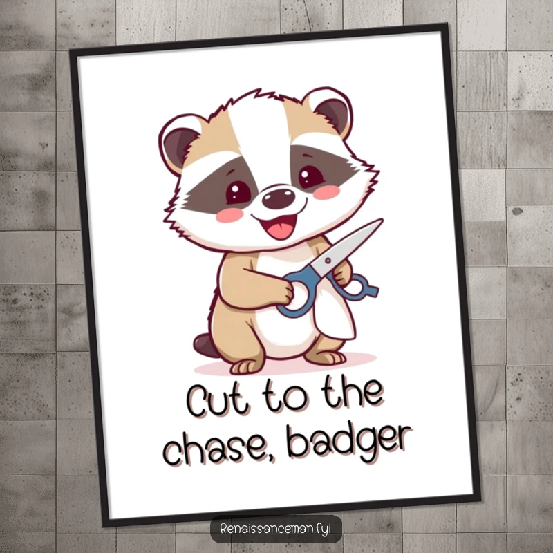 Funny free printable wall art of a beaming badger happily using sharp scissors to cut vibrant cloth.