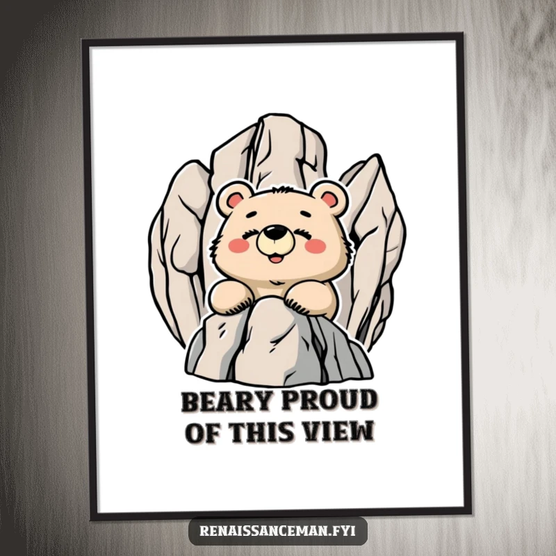 Funny Free Printable Wall Art: A proud bear with a contented smile gazing down from a majestic rocky peak.