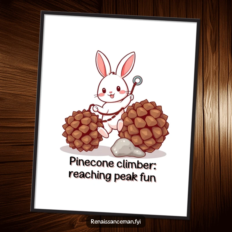 Funny Free Printable Wall Art: Adorable bunny with grappling hook ascending a giant pinecone, adding humor to any room.
