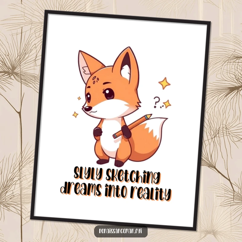 Funny Free Printable Wall Art: A determined fox sketches out a brilliant new idea with a confident pencil stroke, clever downloadable art.