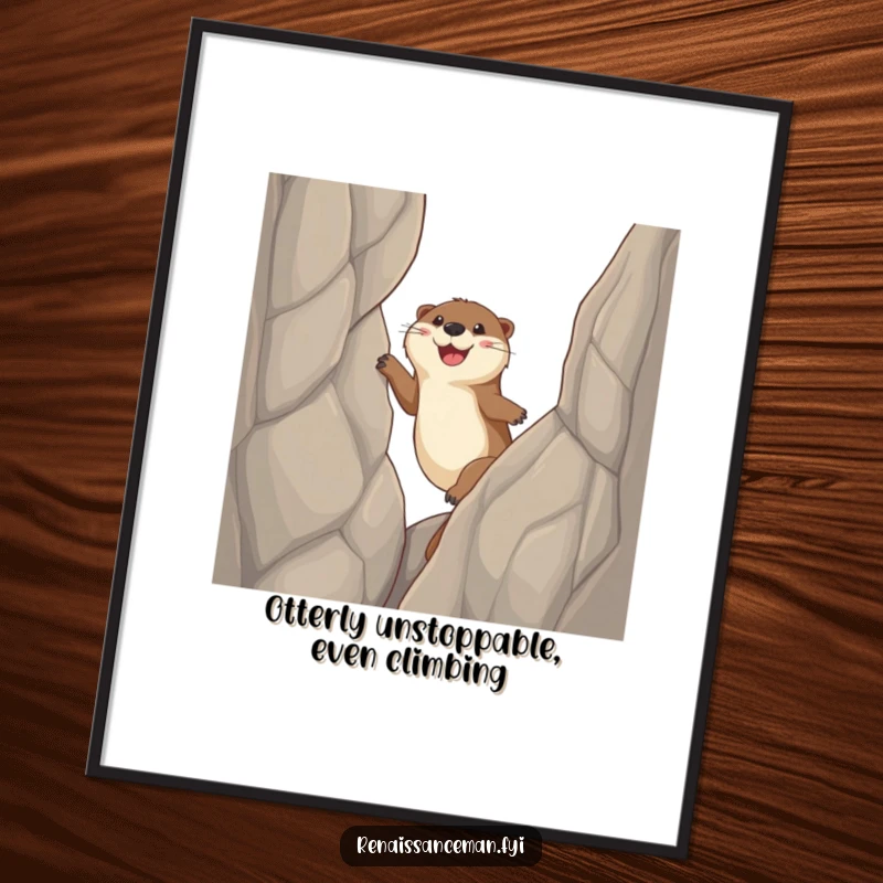 Funny free printable wall art of a happy otter scaling a steep cliff face with its sticky paws.