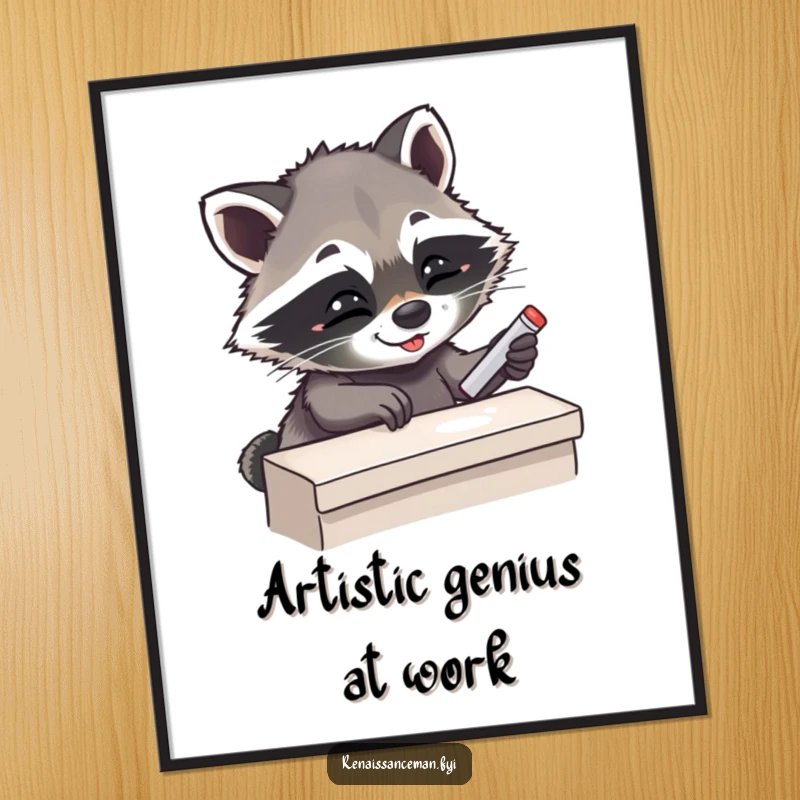 Funny Free Printable Wall Art: Giggling raccoon poised to climb, meticulously applying chalk to a rocky ledge.