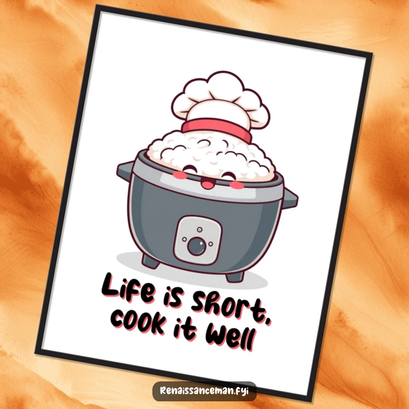 Funny Free Printable Wall Art: A delighted rice cooker, sporting a tiny chef hat, beams with culinary pride.