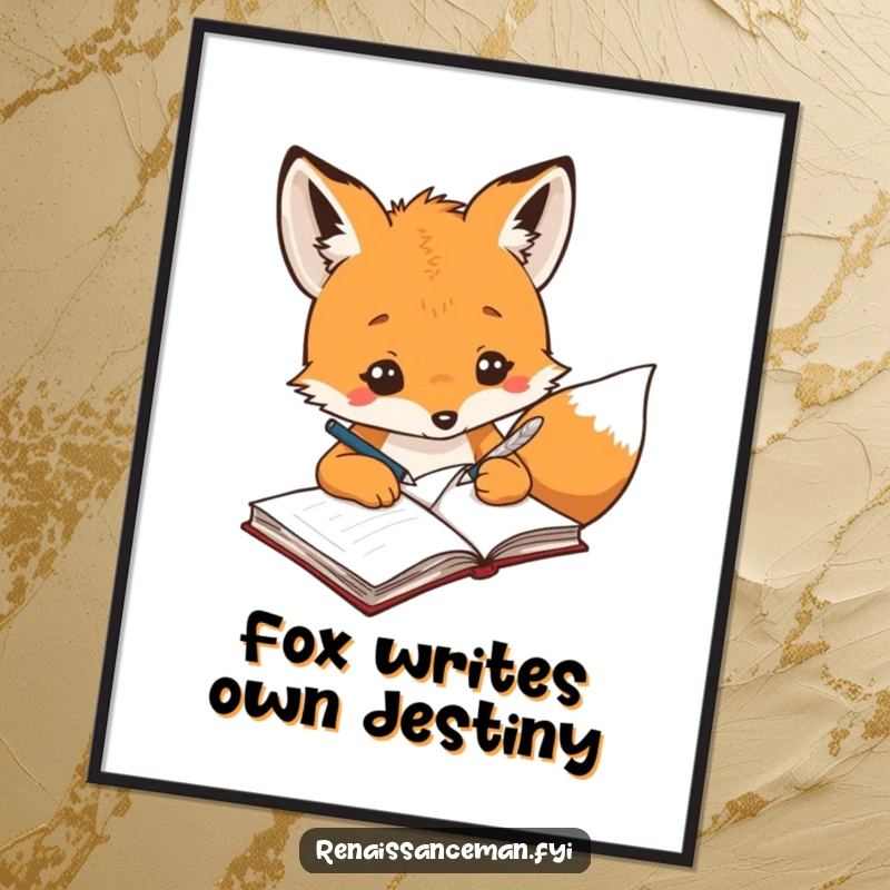 Funny Free Printable Wall Art: A creative fox intently uses a quill to jot down brilliant ideas in a notebook.