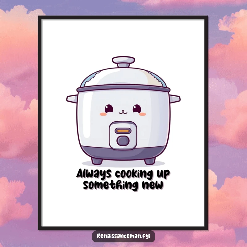 Funny Free Printable Wall Art: A curious rice cooker playfully peeks from behind a steaming lid, inviting a smile.