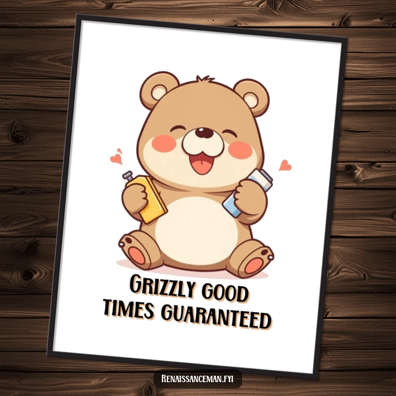 Funny Free Printable Wall Art: Giggling bear character demonstrating a product with exaggerated, overjoyed movements.