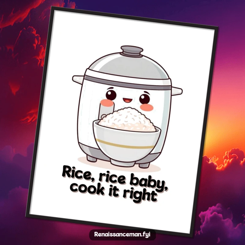 Funny Free Printable Wall Art: A proud rice cooker holds up a perfectly cooked bowl of rice, exuding culinary confidence.