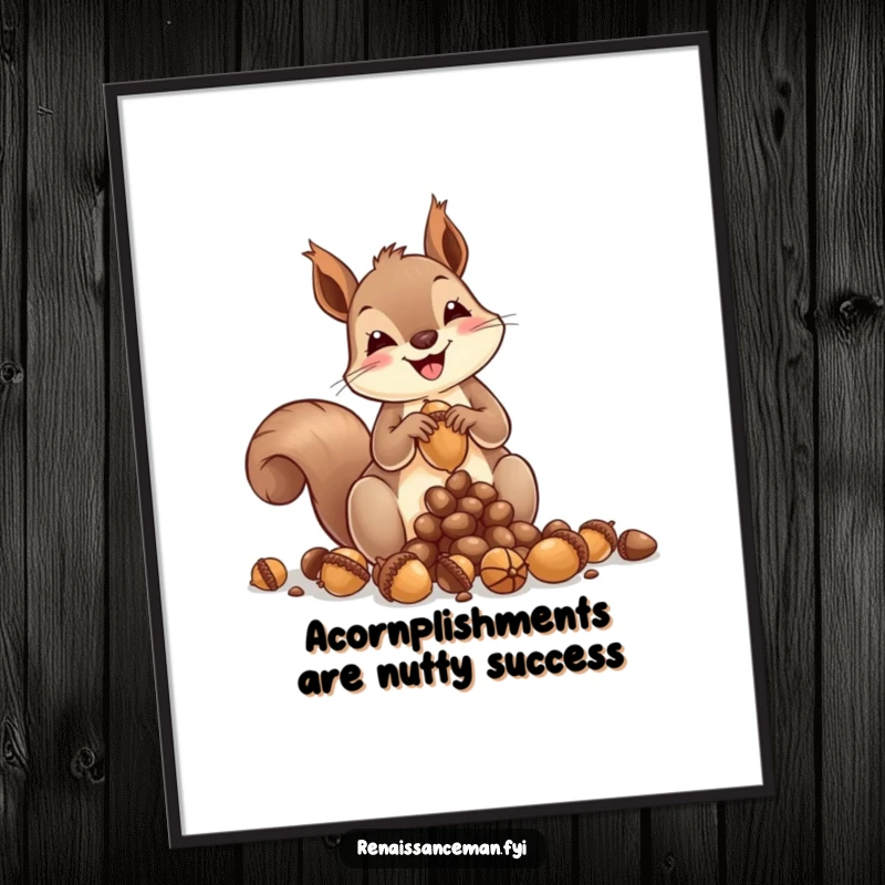 Funny free printable wall art of a squirrel artist joyfully crafting a tiny sculpture from acorns, a humorous downloadable piece.