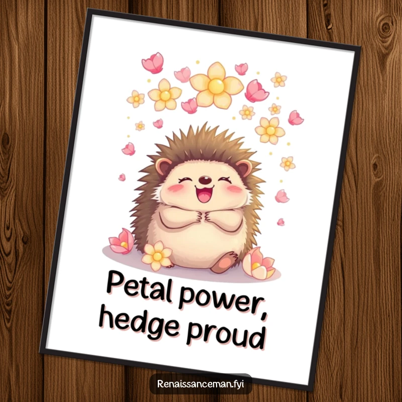 Funny Free Printable Wall Art depicting a joyful hedgehog embracing under a vibrant shower of glowing petals, creating a serene and happy atmosphere.