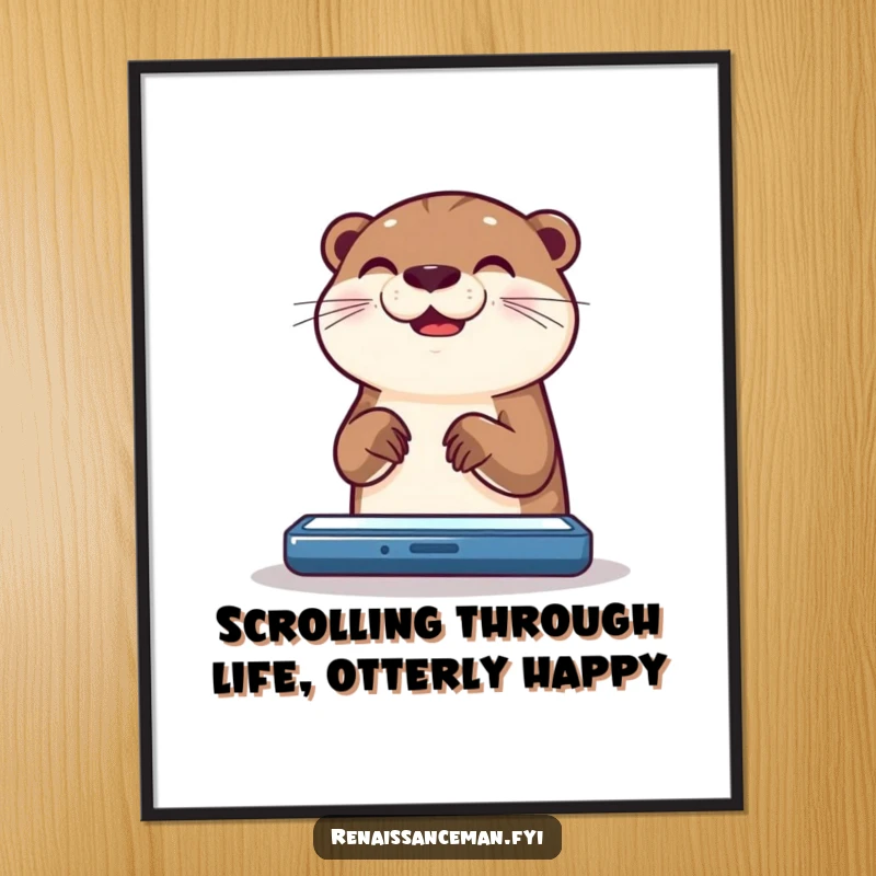 Funny Free Printable Wall Art: A happy otter joyfully scrolling through a brightly lit screen with a focused expression. Humorous downloadable art.