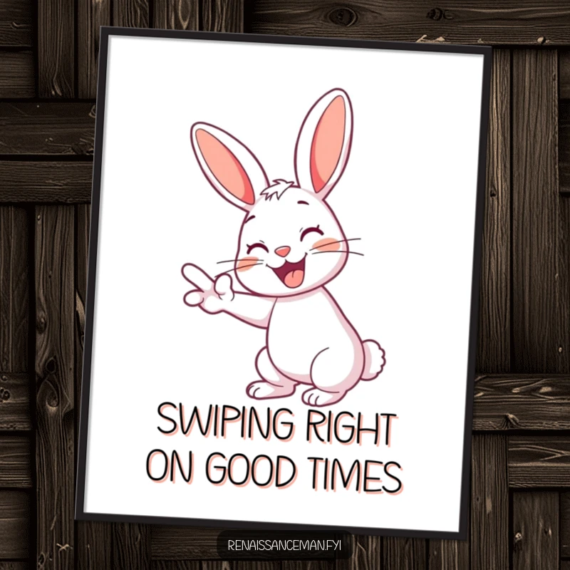 Funny Free Printable Wall Art: A cheerful rabbit enthusiastically swiping left on a screen with a playful grin. Humorous downloadable art.