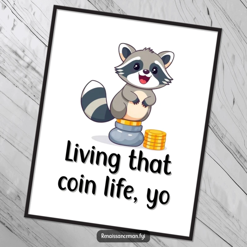 Funny Free Printable Wall Art: A mischievous raccoon gleefully balances a tall stack of shiny coins, showcasing his love for treasure.
