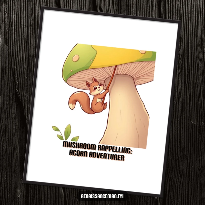 Funny free printable wall art of a determined squirrel rappelling down a giant mushroom using a rope.