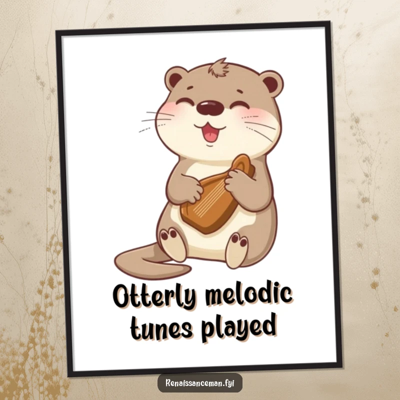 Funny Free Printable Wall Art of a beaming otter playing a gentle tune on a tiny harp, creating a peaceful and joyful scene.