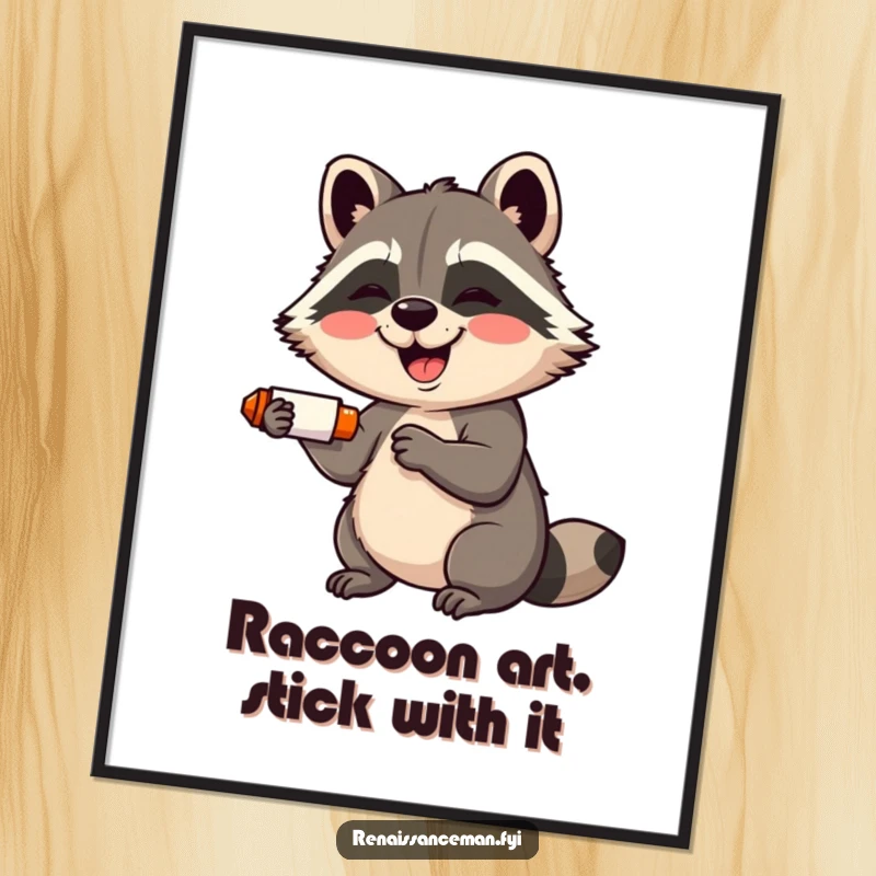 Funny Free Printable raccoon art of a giggling raccoon adorably using a glue stick with a wide smile, full of mischief, fun download.