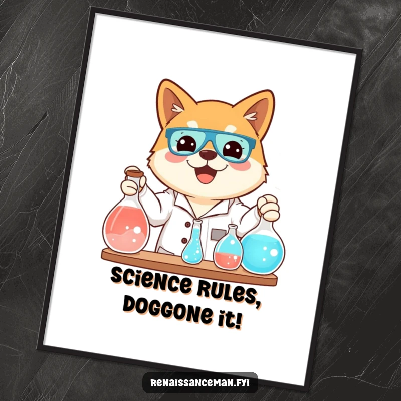 Funny Free Printable Wall Art: Beaming Shiba Inu scientist enthusiastically demonstrates a vibrant bubbling science experiment, cheerful decor.
