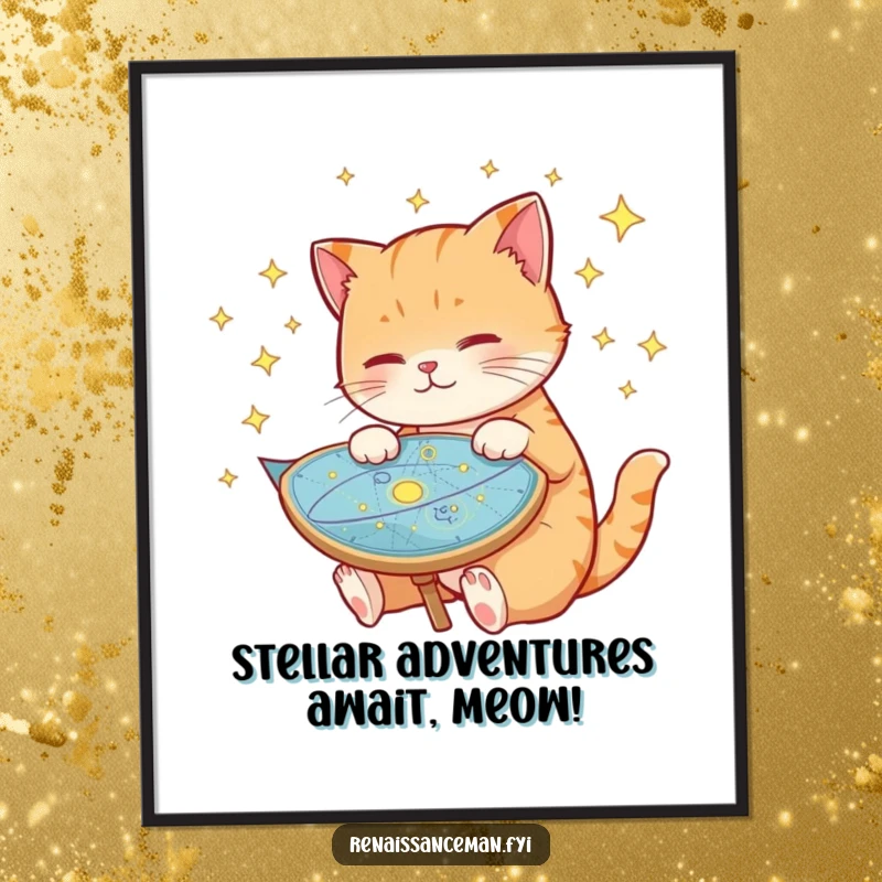 Funny free printable wall art of a playful cat examining a celestial map with stars scattered around, a humorous downloadable.