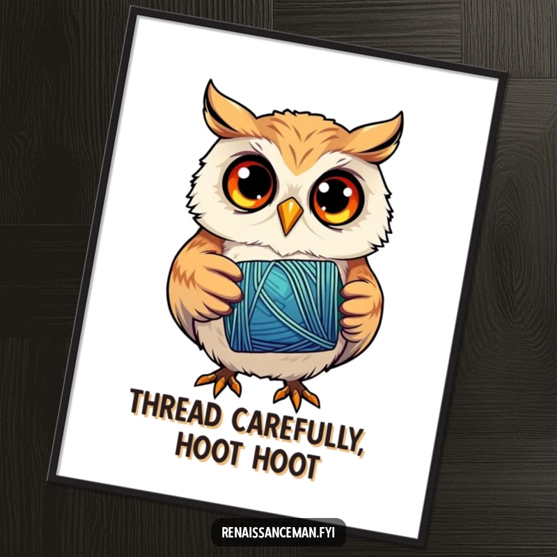 Funny free printable wall art of a curious owl intently holding a spool of vibrant thread.