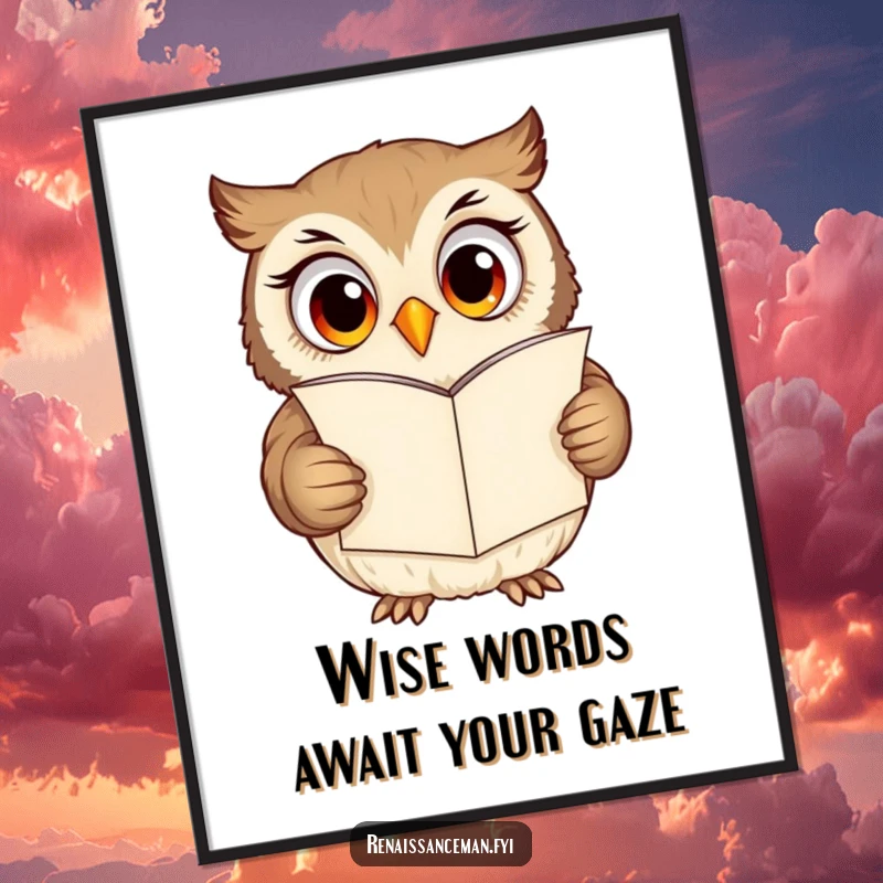 Funny Free Printable Wall Art: A curious owl with wide eyes intensely reading a grand love letter, adding humor to any room.