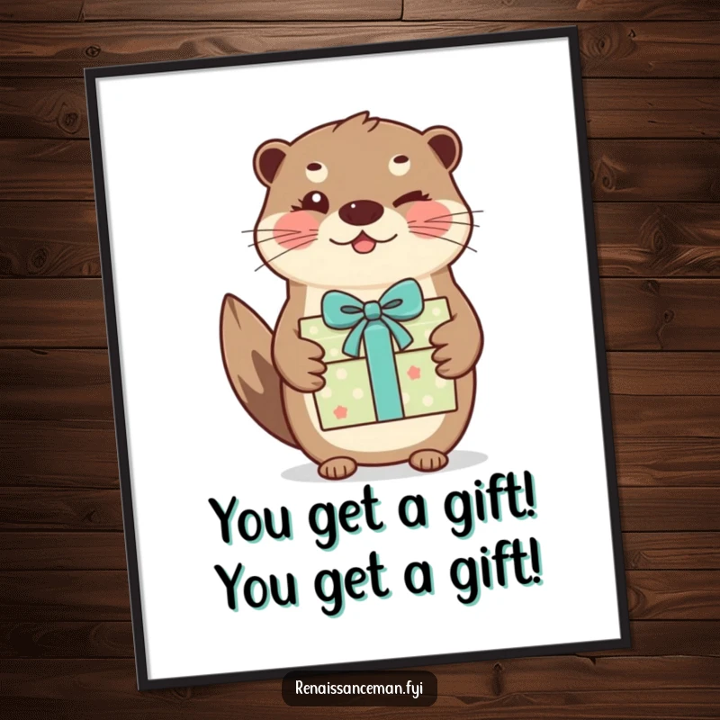Funny Free Printable Wall Art: A cheerful otter gives a knowing wink while presenting a beautifully wrapped gift, full of personality.