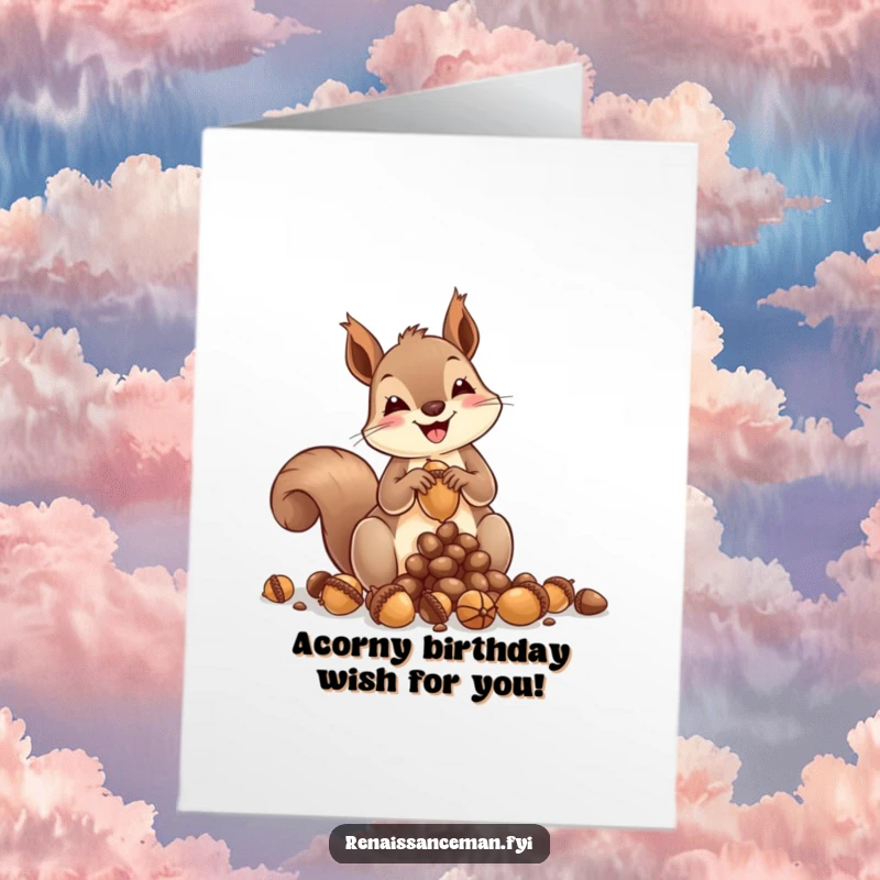 Funny free printable birthday card featuring a joyful squirrel artist meticulously sculpting with acorns, perfect for a creative gift.