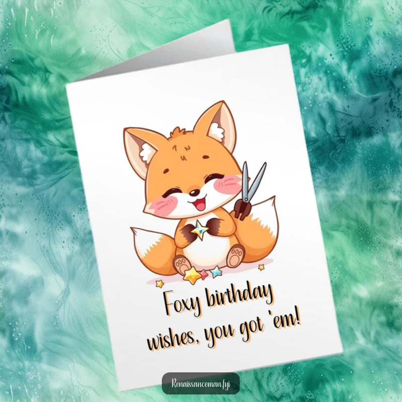 Funny Free Printable fox cutting a shiny embellishment for a birthday card, showing precision and delight, perfect DIY gift.