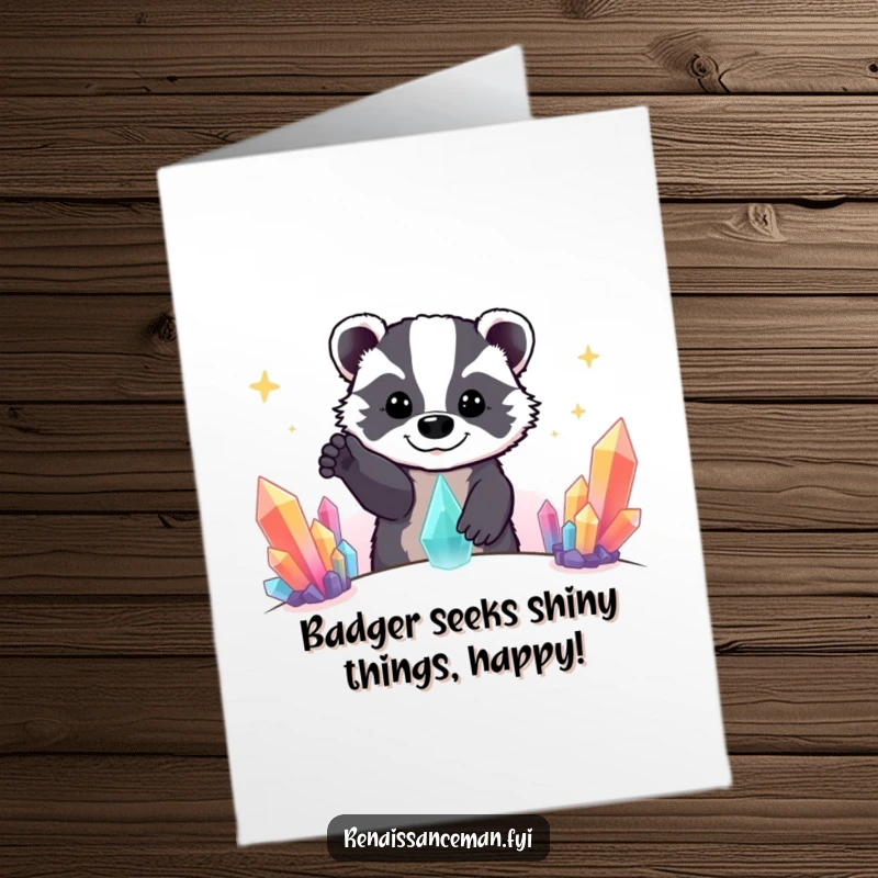 Funny Free Printable Birthday Card: Beaming badger excitedly reaching towards a distant, glowing crystal formation.