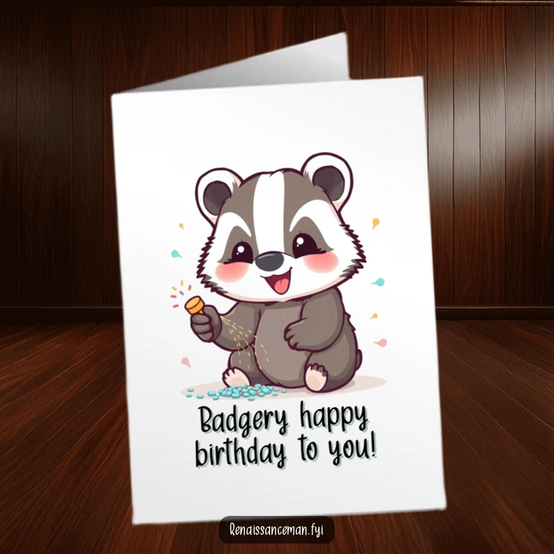Funny Free Printable Birthday Card: Beaming badger joyfully sprinkles glitter, adding sparkle to a birthday wish, downloadable gift.