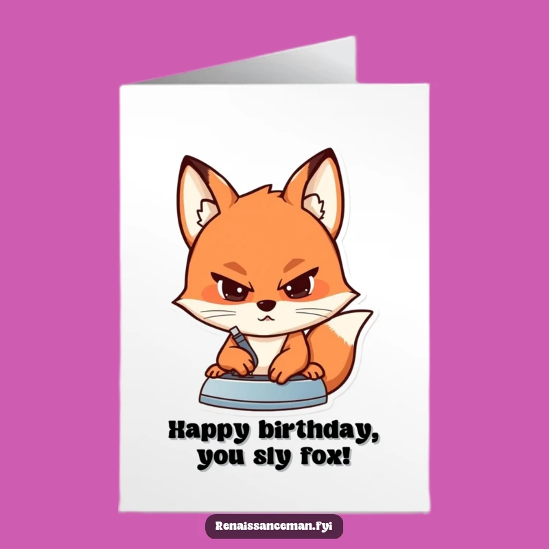 Free Printable Birthday Card: Determined Fox Presses Seam for Celebration