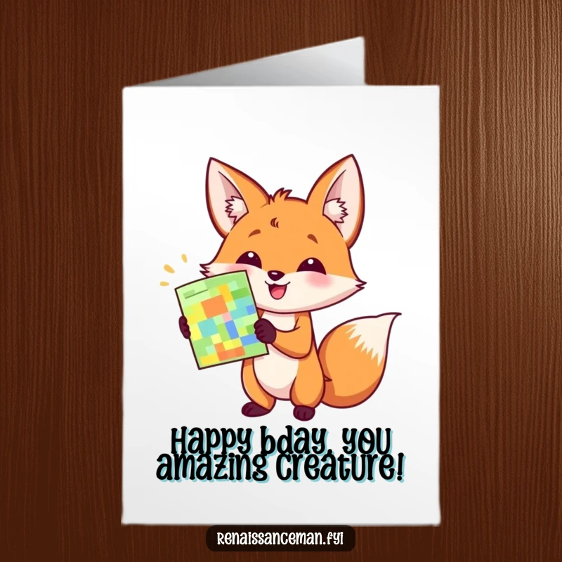 Funny Free Printable Birthday Card: Happy fox enthusiastically presenting a colorful sample with a flourish, a vibrant wish.