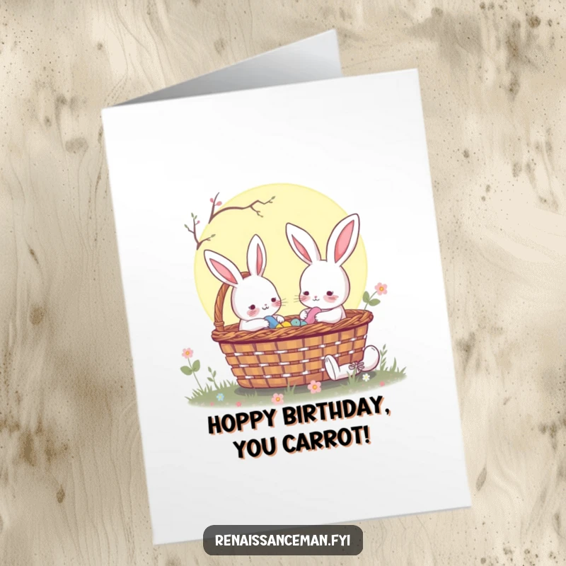 Funny Free Printable Birthday Card featuring a rabbit sharing a picnic basket under the moon with a friend, full of joy.
