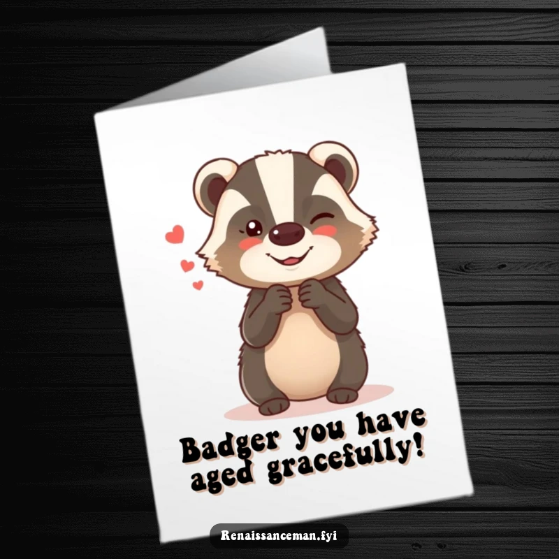 Funny Free Printable Birthday Card: Giggling badger whispers secrets with a mischievous glint, ready to add humor to your celebration.