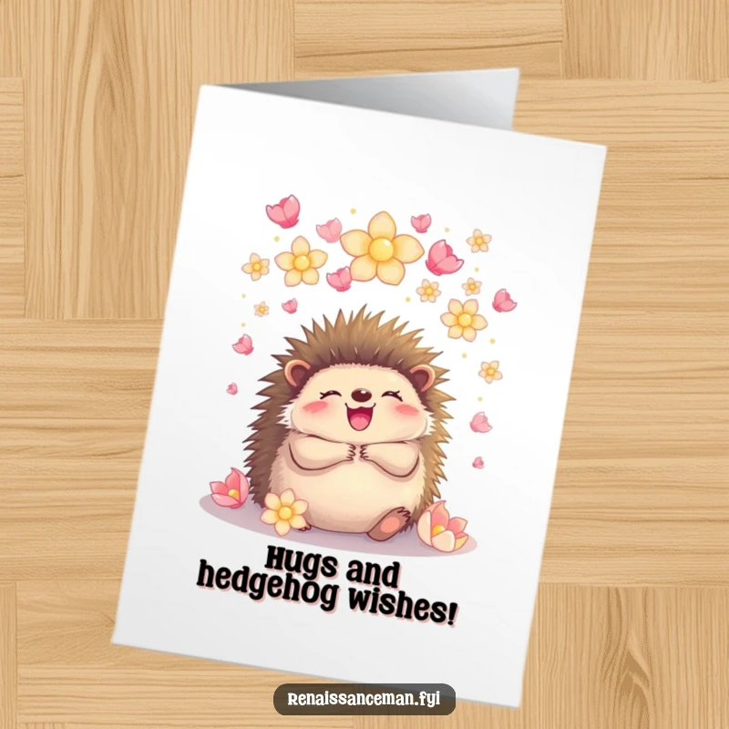 Funny Free Printable Birthday Card: a joyful hedgehog embracing under a cascade of glowing petals, sending birthday cheer.